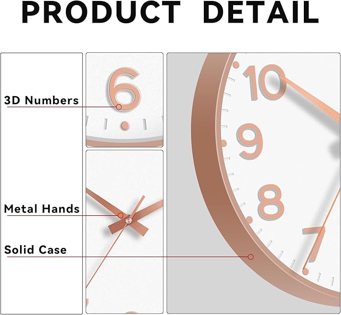 Wall Clock, Silent Wall Clocks Battery Operated 8 Inch-Modern Non Ticking Analog Clock Decorative for Kitchen Office Bathroom Bedroom(White Rose Gold)