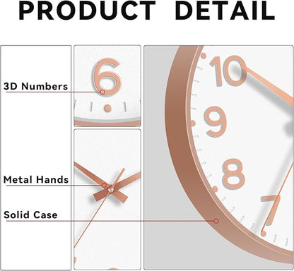 Wall Clock 10 Inch Silent Wall Clocks Battery Operated-Modern Non Ticking Analog Clock Decorative for Kitchen Bedroom Office Bathroom(White Rose Gold)