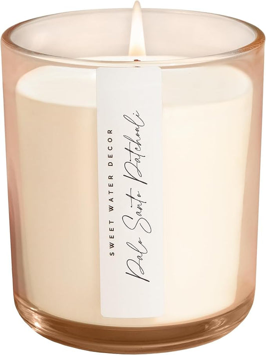 Sweet Water Decor Palo Santo Patchouli Scented Soy Candles – Vanilla, Sandalwood, Musk, and Earthy Palo Santo – Cozy Aroma – 50 Hour Burn – 12oz Tinted Glass Jar for Home Decor and Bedroom Decor