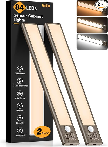 Gritin 10.2inch Under Cabinet Lighting Rechargeable -84 LED Super Bright,3-Color& 5 Level Brightness,4 Modes,Motion Sensor, Long Lasting- Easy Installation Magnetic Closet Lights -2 Pack-Bronze