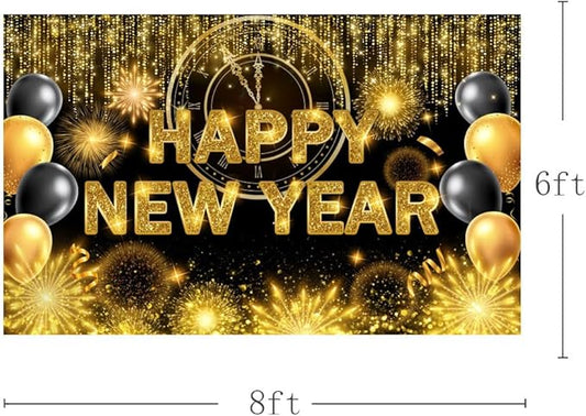 Black Gold Happy New Year Backdrop 2026 Kiss Me at Midnight Photography Background Cheers to The New Year Eve Hello 2026 Party Decorations Firework New Years Banner Photo Props 8x6ft