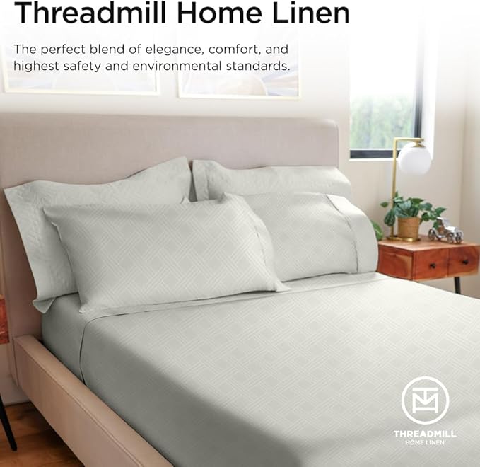 Threadmill Queen Sheet Set for Queen Mattresses | 800 Thread Count Jacquard Celine Light Grey | Better Than Egyptian Cotton | 4 Pc Bed Sheets | Elasticized Deep Pocket | 100% Cotton Queen Sheets