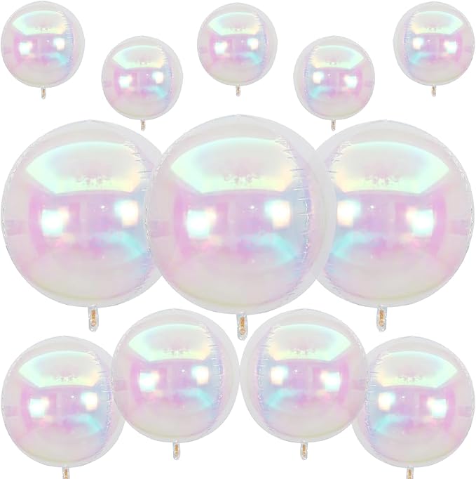 12Pcs Iridescent Round Foil Balloons, 22" 15" 10" 4D Clear Ball Balloon, Holographic Balloons for Birthday Wedding Folding Rainbow Under The Sea Mermaid Party decoration