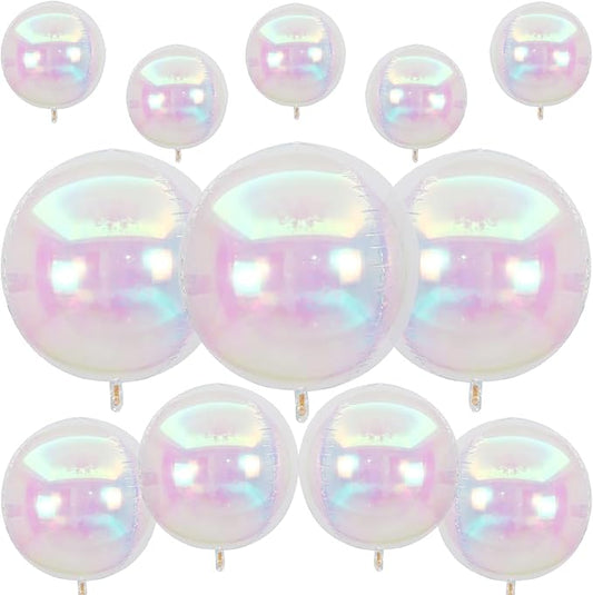12Pcs Iridescent Round Foil Balloons, 22" 15" 10" 4D Clear Ball Balloon, Holographic Balloons for Birthday Wedding Folding Rainbow Under The Sea Mermaid Party decoration