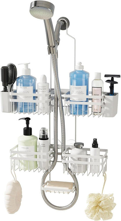 Shower Caddy Hanging for Bathroom Organizers and Storage - 3-Tier Adjustable Anti-Swing Shower Organizer for Handheld Showerhead with Heavy-Duty Suction Cups, Damage-Free Rustproof (White)