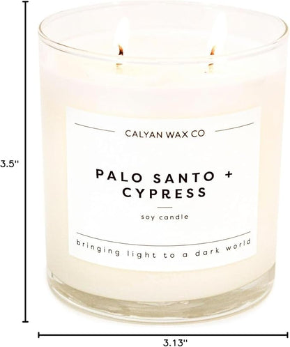 Calyan Wax Co. Palo Santo & Cypress 2 Wick Scented Candle - 37 Hour Burn - Luxury Non Toxic Soy Wax Candles - Long Lasting Large Glass Jar Candle for Home - 8.8oz