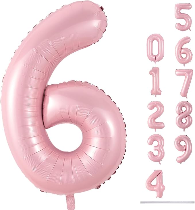 Pastel Pink Number 6 Balloons, 40 In Large Light Pink Number 6 Foil Helium Balloons for Girls, Self Inflating Number Balloons 0-9 for Girls 6th 16th Birthday Women Anniversary Party Decoration