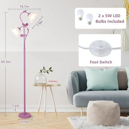 HMVPL Purple Floral Floor Lamp, Girls Flower Floor Lamp for Bedroom, Cute Lotus Standing Lamp with 2 LED 5W Blubs, Foot Switch, Unique Flower Tall Lamp for Living Room Kids Nursery Bedside Corner