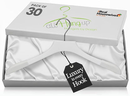 Premium Luxe Wood Coat Hangers, Wide Shoulder Wooden Jacket Hangers with Velvet Grip, Heavy Duty Luxury Hangers for Coats & Blazers, White with White Velvet, 30 Pack