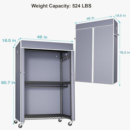Black Clothing Rack with Grey Cover, P1C Plus Rolling Closets with Wheels, Metal Garment Rack for Hanging Clothes, Clothing Storage Wardrobe, 46" W x 18.5" D x 80.7" H, Load 524 Pounds
