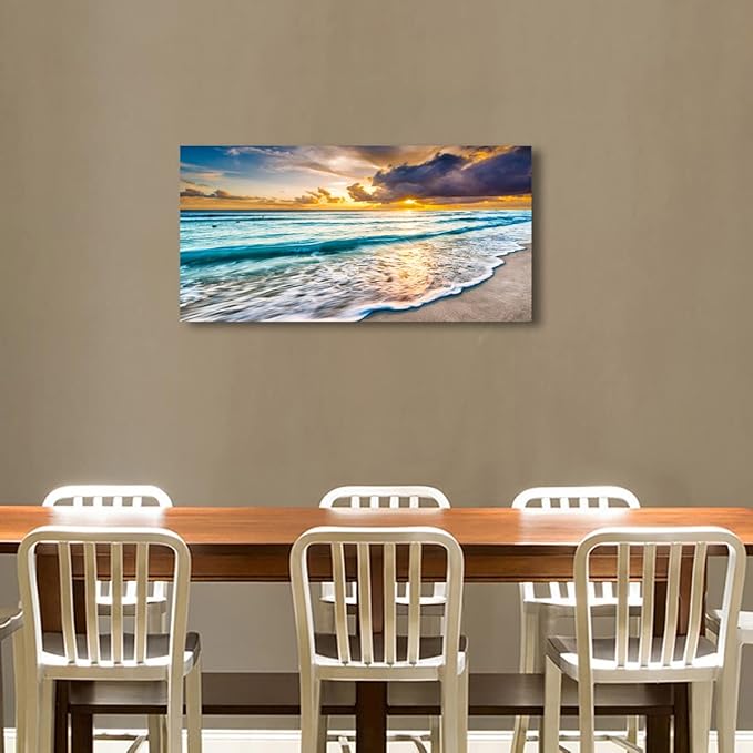 Beach Canvas Wall Art Seascape Theme Pictures Home Decor Blue Ocean White Wave Sunset Prints Painting for Living Room Bathroom Bedroom Kitchen Office Decorations Natural Landscape Artwork 28x57 inches
