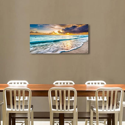 Beach Canvas Wall Art Seascape Theme Pictures Home Decor Blue Ocean White Wave Sunset Prints Painting for Living Room Bathroom Bedroom Kitchen Office Decorations Natural Landscape Artwork 28x57 inches