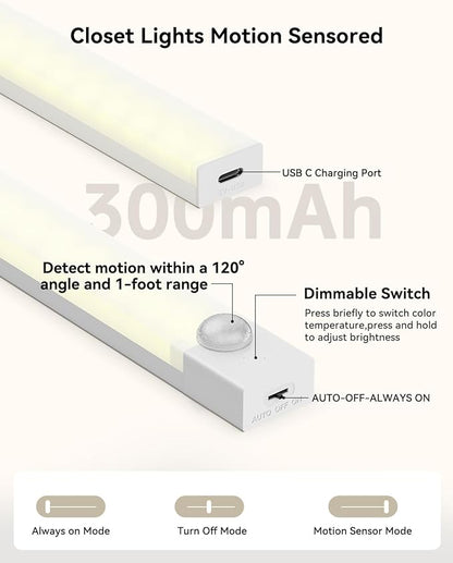 Under Cabinet Lighting 4 Inches Rechargeable Motion Sensor Light Indoor, 3 Color Dimmable Closet Light Battery Operated, USB Stick on LED Magnetic Under Counter Lights for Kitchen Stair, 6 Packs