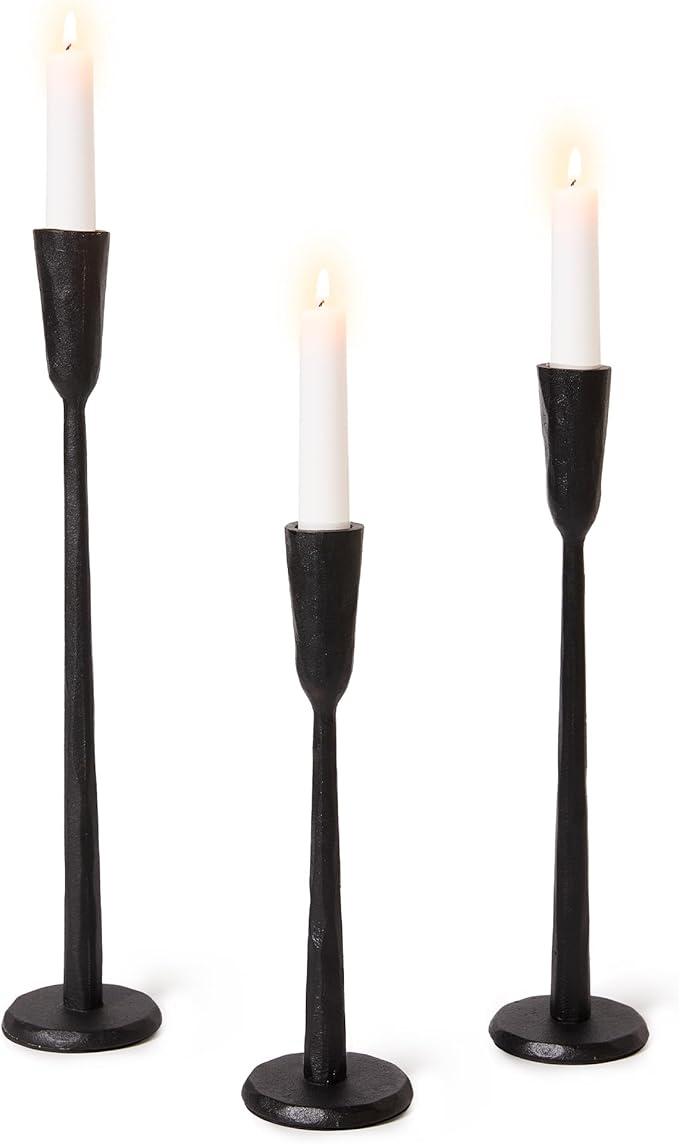 Cast Iron Taper Candle Holder Set of 3, Vintage Candlestick Holders Decorative Candle Stand, Tapered Candle Holders Tall Set for Wedding, Holiday, Home Decor, Christmas Decoration (Black)