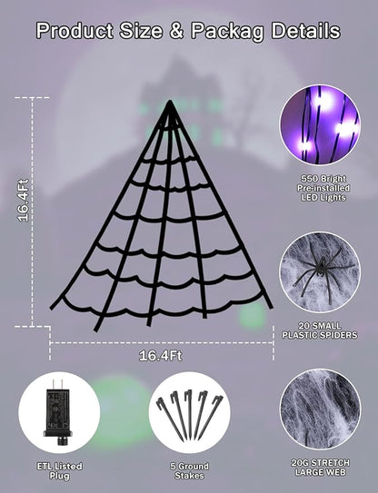 Halloween Decorations Outdoor Spider Web Lights - 16.4Ft Light Up Spider Web with 550 LEDs, Waterproof, 8 Modes Memory Function for Outdoor Yard Halloween Decorations (Without Spider)