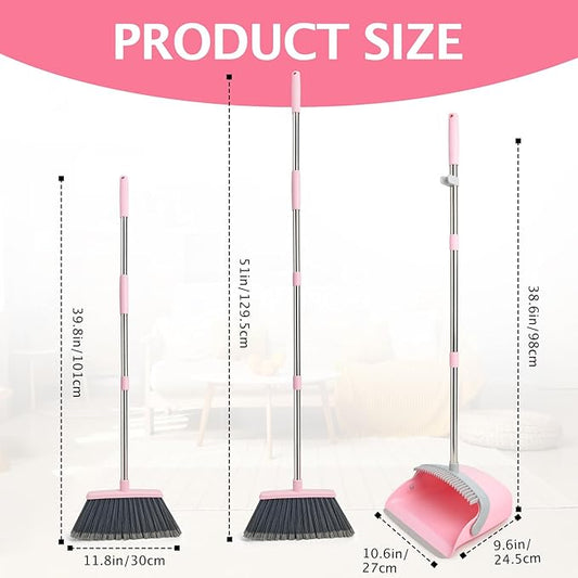 Broom and Dustpan Set, Dustpans with Broom Combo for Home, Heavy Dust Broom and Dustpan Combo, Long Handle Dust Pan and Broom Set for Kitchen, Office, Pet Hair(Gray Pink)
