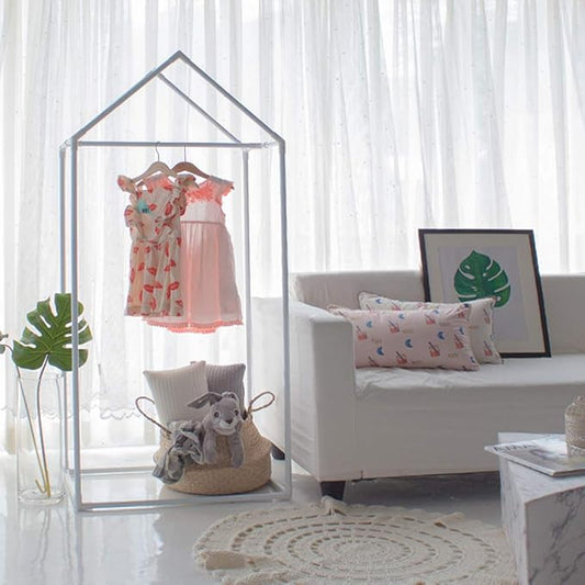 PETITE MAISON Kids Closet - Dress up Clothing Garmet Rack, Hanging Costume Organizer with Cute House Frame, Handmade Premium Quality, 25'' x 17'' x 59'', Aluminium Super-Light, Large White