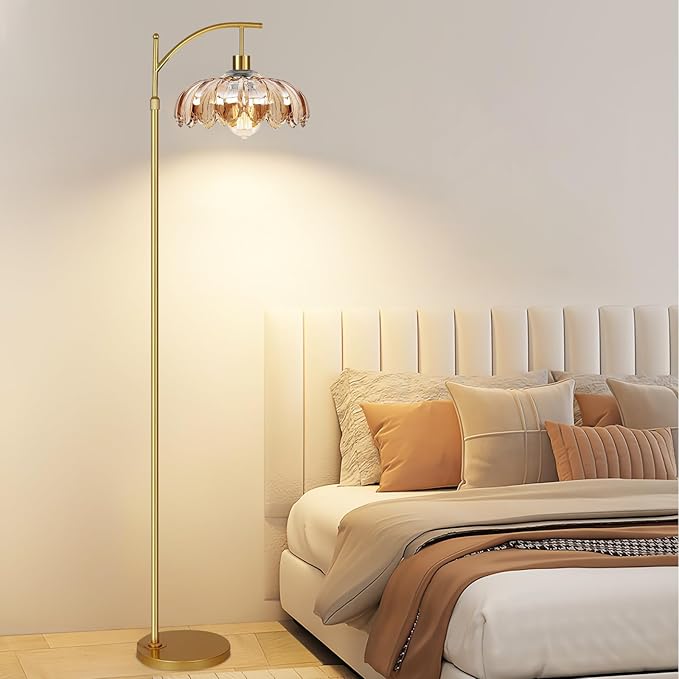 Arc Floor Lamp with 3 Color Temperatures,Gold Floor Lamp with Remote & 3 Color Temperature,Mid Century Modern Standing Lamp with Glass Lampshades,Vintage Tall Floor Lamps for Living Room Bedroom