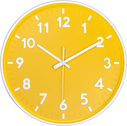 JENLYSTIME 12 Inch Modern Indoor Outdoor Clock,Round Bright Colorful Dial,Non Ticking Silent Quartz Battery Operated Wall Clocks,Easy to Read Simple Style Decor Clock for Bedroom,Kitchen(Yellow)