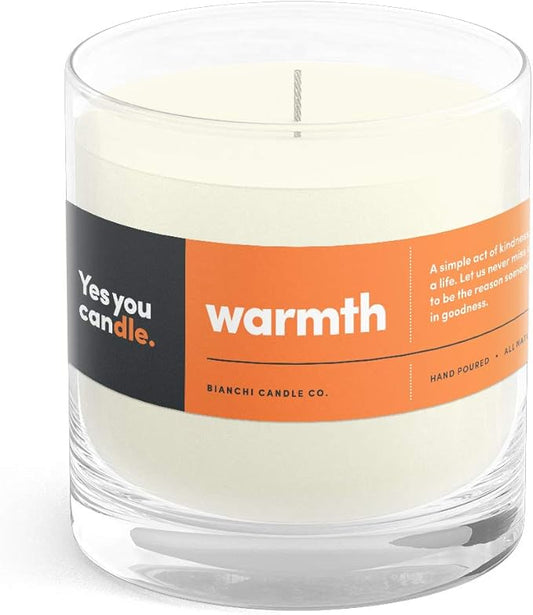 Warmth, Inspirational 8oz Highly-Scented Soy Candle, Made in USA, Great Message, Pure Essential Oils, Aromatherapy, 100% Pure, Buttered Rum & Tangerine
