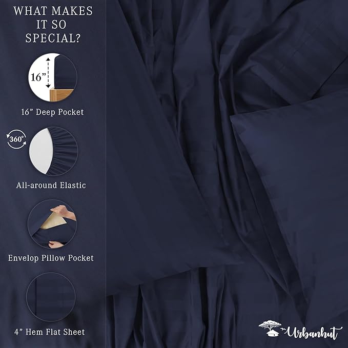 URBANHUT 800 Thread Count Egyptian Cotton Damask Striped King Size Sheets Set (4 Pc) - Ultra Soft & Smooth, Sateen Weave King Size Sheets, Luxury Hotel Sheets with 16" Deep Pocket - Navy Blue