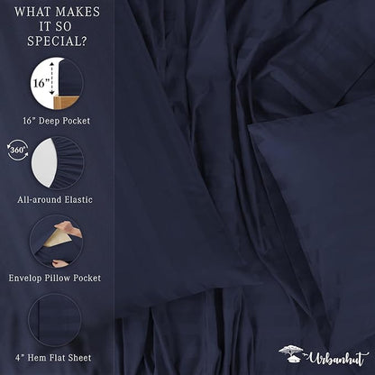 URBANHUT 800 Thread Count Egyptian Cotton Damask Striped King Size Sheets Set (4 Pc) - Ultra Soft & Smooth, Sateen Weave King Size Sheets, Luxury Hotel Sheets with 16" Deep Pocket - Navy Blue