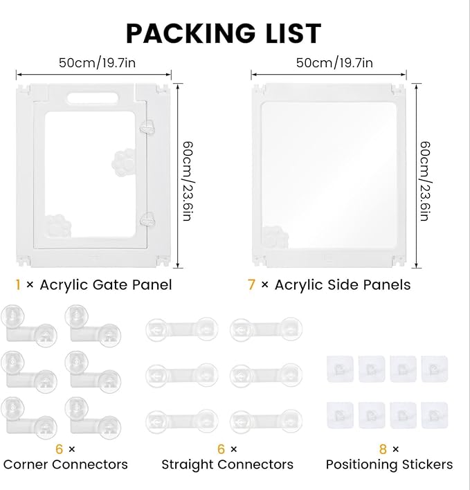 WICHEMI 8 Panel Indoor Dog Playpen, Acrylic Clear Puppy Playpen, 23.6" H Cat Play Pen with Double Door Lock, Paw Print Design Pet Playpen with Suction Cup, White