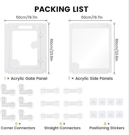 WICHEMI 8 Panel Indoor Dog Playpen, Acrylic Clear Puppy Playpen, 23.6" H Cat Play Pen with Double Door Lock, Paw Print Design Pet Playpen with Suction Cup, White