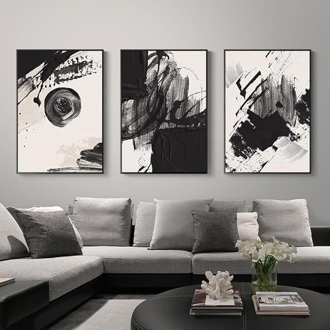 Black and White Abstract Canvas Wall Art Set,Modern Bathroom Wall Decor Nordic Calm/Zen Print Art Decorative for Living Room, Bedroom, Office Decor 12x16x3pcs