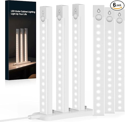 6-Pack Under Cabinet Lighting with charging station 8-Inch Rechargeable Motion Sensor Light Indoor 3 Color Dimmable Closet Light, USB Stick on LED Magnetic Under Counter Lights for Kitchen Shelf