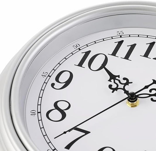 Plumeet Retro Wall Clock, 12'' Non Ticking Classic Silent Vintage Wall Clocks Decorative Kitchen Living Room Bedroom - Battery Operated, Silver