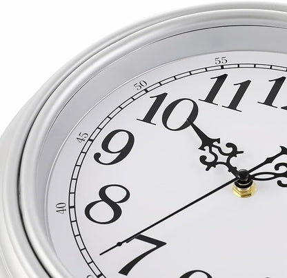 Plumeet Small Retro Wall Clock, 10'' Non Ticking Classic Silent Vintage Wall Clocks Decorative Kitchen Living Room Bedroom - Battery Operated, Silver