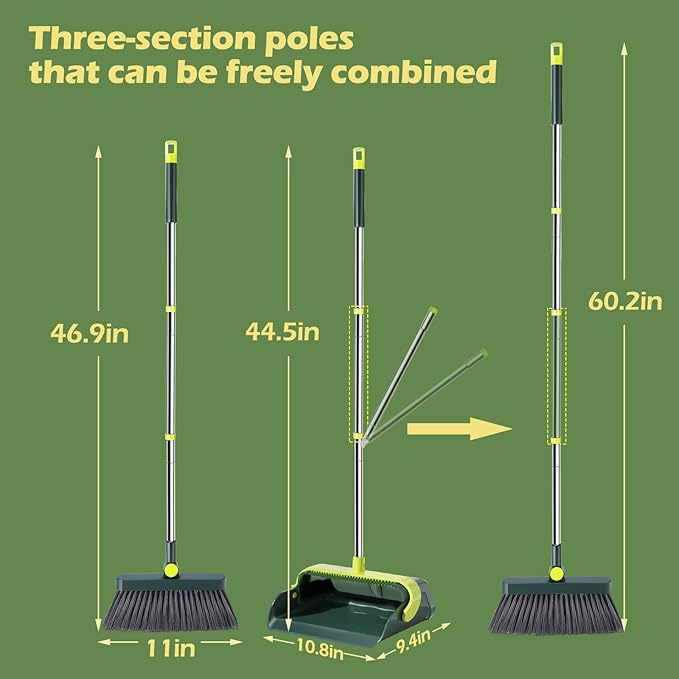 Broom and Dustpan Set – Stainless Steel Long-Handled Broom, Upright Broom with Self-Cleaning Hair Dustpan Teeth, Indoor & Outdoor Use, Suitable for Office, Kitchen & Bathroom