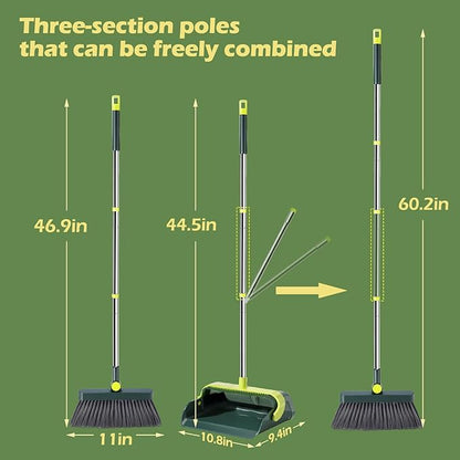 Broom and Dustpan Set – Stainless Steel Long-Handled Broom, Upright Broom with Self-Cleaning Hair Dustpan Teeth, Indoor & Outdoor Use, Suitable for Office, Kitchen & Bathroom