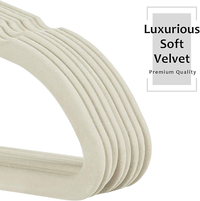 VECELO Premium Velvet Clothes Hangers Suit Heavy Duty (100 Pack)-Non Slip & Space-Saving with 12 Finger Clips & 2Tie Rack Excellent for Men and Women,Light Beige