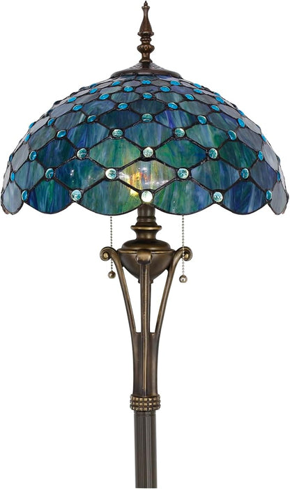 Tiffany Floor Lamp Sea Blue Stained Glass Pearl Standing Reading Light 16X16X70 Inches Antique Pole Corner Lamp Decor Bedroom Office Living Room