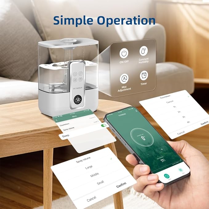 Flymoon 5L Quiet Mist Humidifier for Bedroom Large Room, Air Humidifier for Baby & Plants, Top Fill, 28dB, 3 Mist Levels, 12H Timer, App Control, White