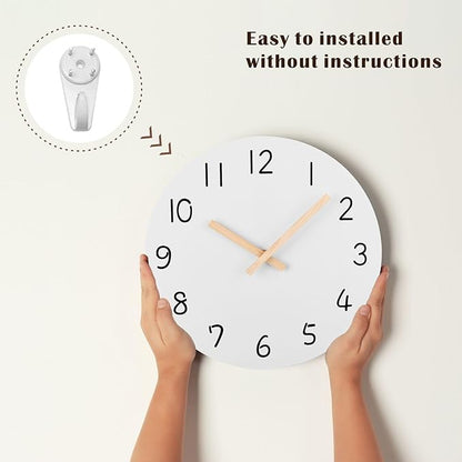Plumeet 10'' Wooden Wall Clock Small Frameless Clocks with Silent Quartz Movement - Modern Style Village Wall Clocks Decorative Home Kitchen - Battery Operated (White)