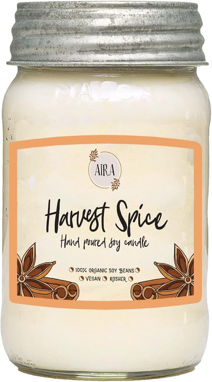 Aira Soy Candles - Organic, Kosher, Vegan, in Mason Jar w/Therapeutic Grade Essential Oils - Hand-Poured 100% Soy Candle - Paraffin Free, Burns 110+ Hours - Fall Candle - Harvest Spice -16 Ounces