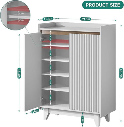 White Fluted Shoe Cabinet, 5-Tier Shoe Storage Cabinet with Adjustable Shelves, 43.7”H Tall Shoe Cabinet Storage for Entryway Hallway Living Room, Shoe Rack Organizer White & Walnut Wave Fluted Design
