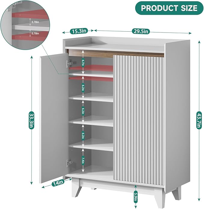 White Fluted Shoe Cabinet with Adjustable Shelves, Shoe Cabinet Storage for Entryway Hallway Living Room Bedroom, Shoe Rack Cabinet with 2 Doors 2PC, White & Walnut 43.7” H