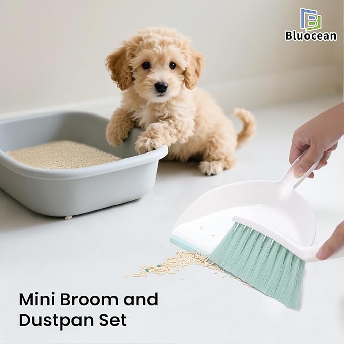 Mini Broom and Dustpan, Plus an Adhesive Hook Set, 7" Dustpan Opening, Bristles for Hair and Small Debris, Mini Portable Hand Brush for Pet, Sofa, Desk, Kitchen (White & Fern Green)