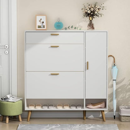 Shoe Rack Cabinet, Free Standing Shoes Storage Organizer Cabinet with 2 Flip Drawers, Entryway Narrow Shoe Rack Storage with Doors for Entryway