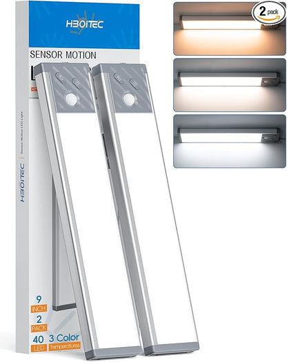 HIBOITEC Under Cabinet Lighting Rechargeable 40 LED Closet Lights Battery Operated, Dimmable Motion Sensor Lights Indoor, Wireless Magnetic Light for Kitchen, 3 Color Temperatures, 9 inch