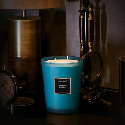HomeLights Scented Candles | Large Jar Candle - 33.3 Oz. Natural Soy Aromatherapy Candles | Up to 130 Hours Burn Time with 3 Cotton Wicks,Home Decorative Fragrance Candles Gift - French Riviera