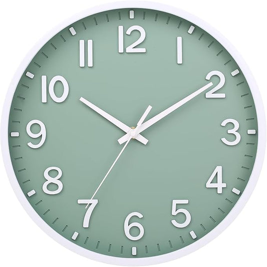 Wall Clocks Battery Operated 10 inch Modern Wall Clock,Silent Non Ticking Wall Clock for Living Room Bedroom Kitchen Office Classroom Decor (Green White)
