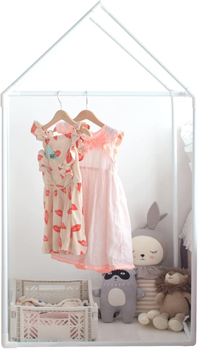 PETITE MAISON Kids Closet - Dress up Clothing Garmet Rack, Hanging Costume Organizer with Cute House Frame, Handmade Premium Quality, 25" x 17" x 47", Aluminium Super-Light, Medium White