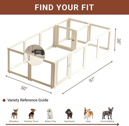 Transparent 14-Panel Dog Playpen, Acrylic Indoor/Outdoor Puppy Pen for Small & Medium Dogs, 30 Inch with Door, White(Fully Transparent 97 * 50 Two Rooms,30 inch)