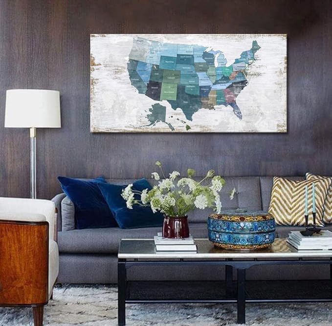 Map of The United States Wall Decor Map Canvas Wall Art for Wall Decoration Wood Background USA Canvas Prints for Bedroom Office Kitchen Home Wall Decor Framed Artwork Ready to Hang20 x40