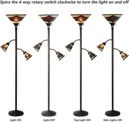 Bieye L10868 Tiffany Style Stained Glass 3-Light Torchiere Floor Lamp with Sidelights for Reading, 70-inches Tall (Baroque, Red)